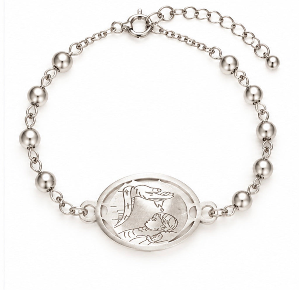 925 Sterling Silver Baptism Medal Beaded Bracelet - 7" Adjustable