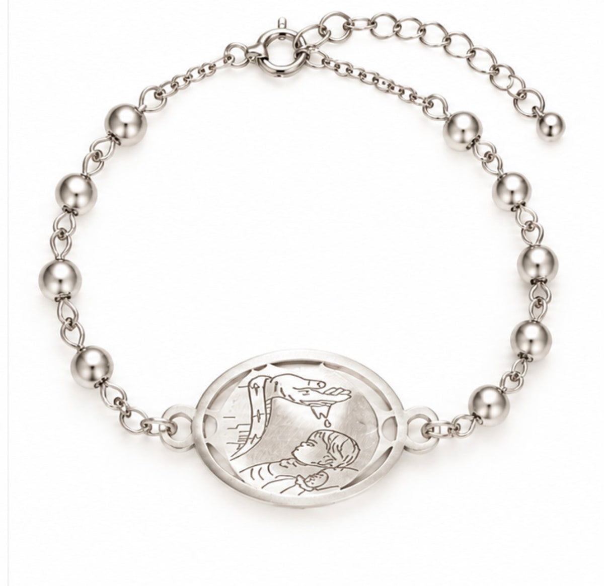 925 Sterling Silver Baptism Medal Beaded Bracelet - 7" Adjustable