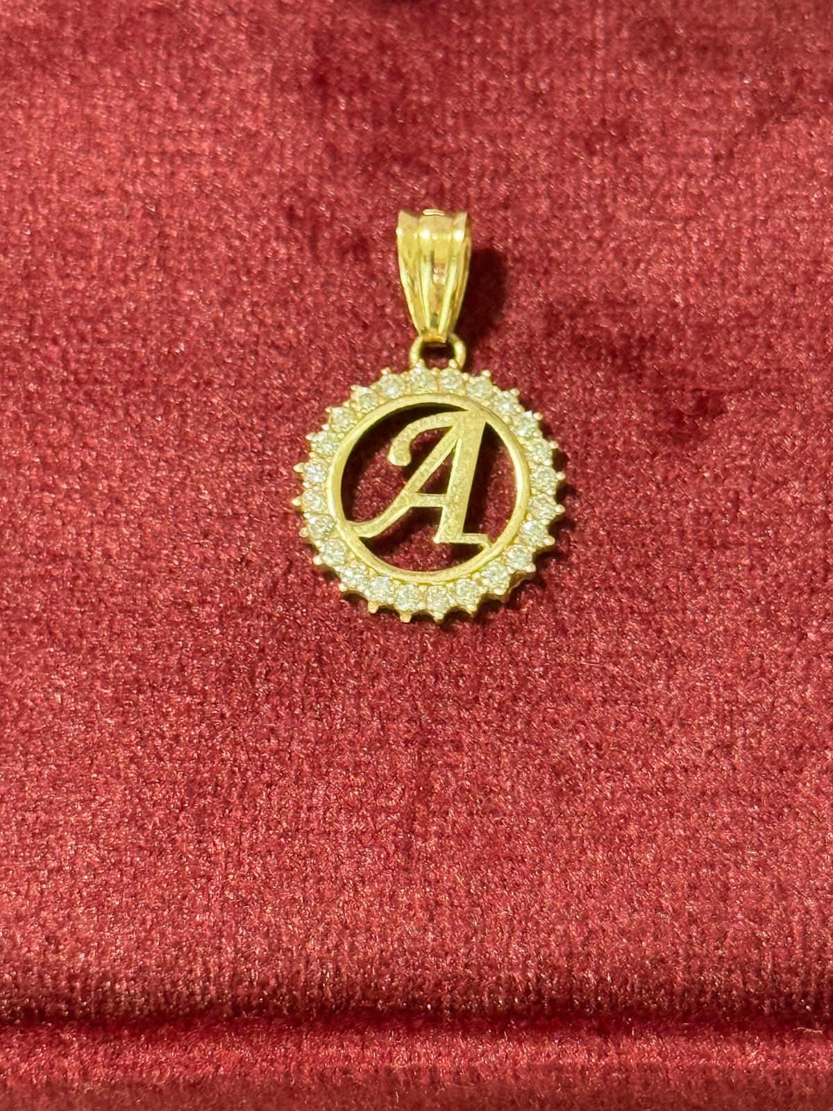 10K Gold CZ Circle Letter A Pendant