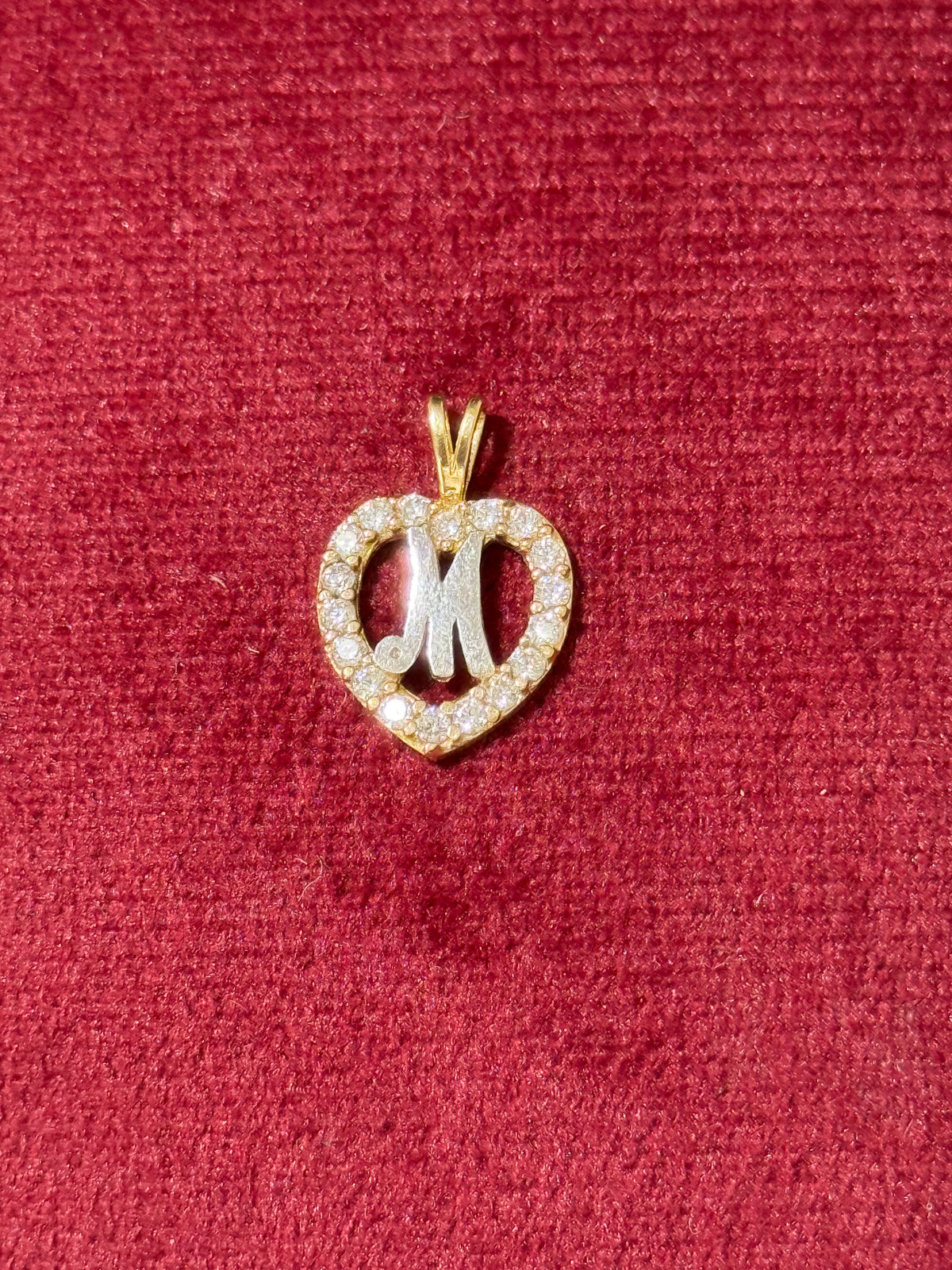 10K Gold CZ Heart & Letter M Pendant