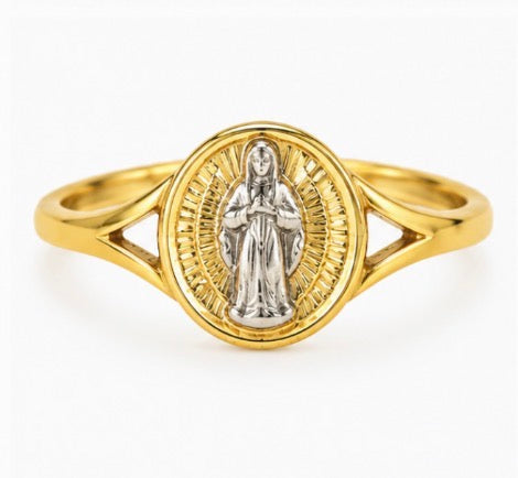 10K Two-Tone Gold Religious Medal Ring – Size 6.5
