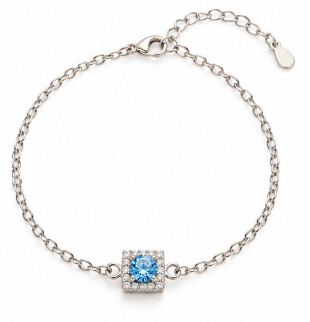 925 Sterling Silver Blue Solitaire Halo Bracelet – 8" Adjustable