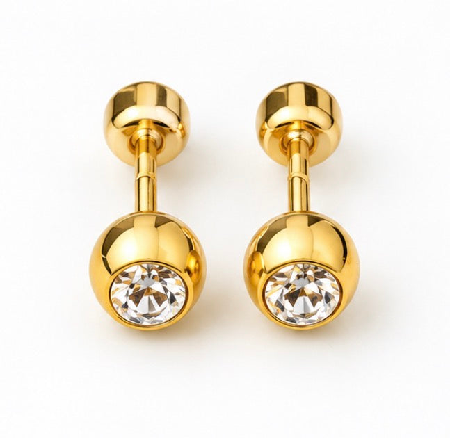 Gold Stainless Steel Crystal Ball Screw Flat Back Stud Earrings