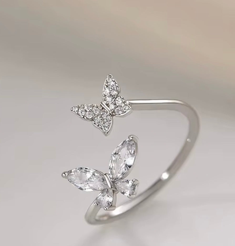 925 Sterling Silver Double Butterfly CZ Adjustable Ring