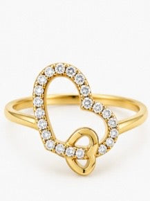 14K Yellow Gold Double Heart Ring with Sparkling Stones – Size 7