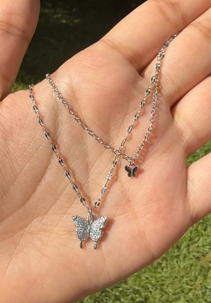 925 Sterling Silver Double Butterfly Layered Necklace