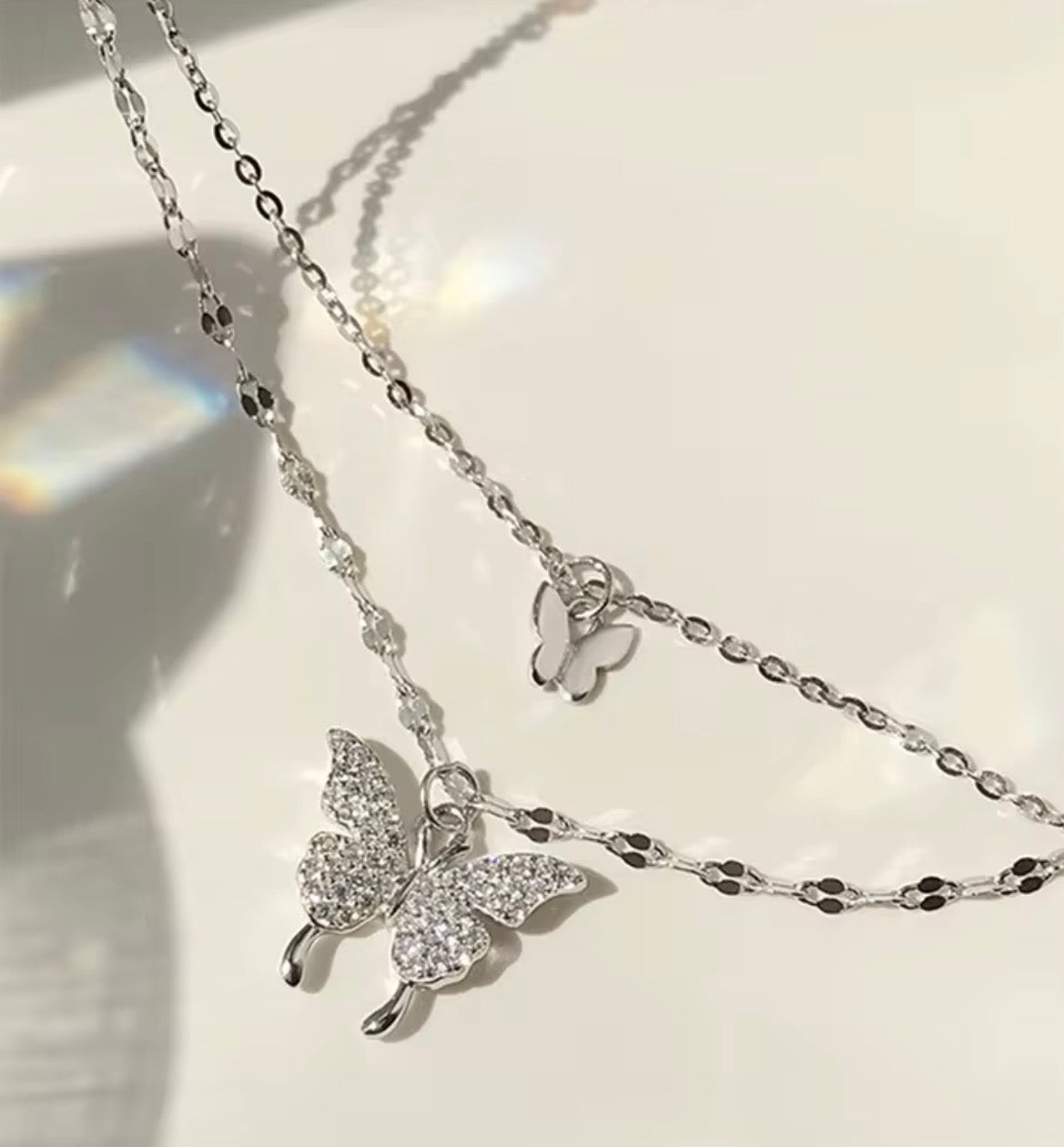 925 Sterling Silver Double Butterfly Layered Necklace