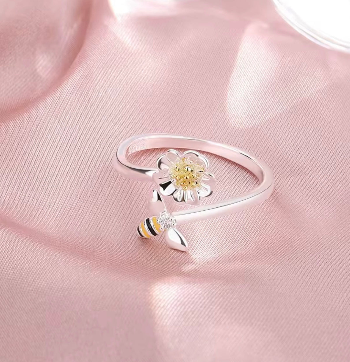 925 Sterling Silver Adjustable Bee & Flower Ring