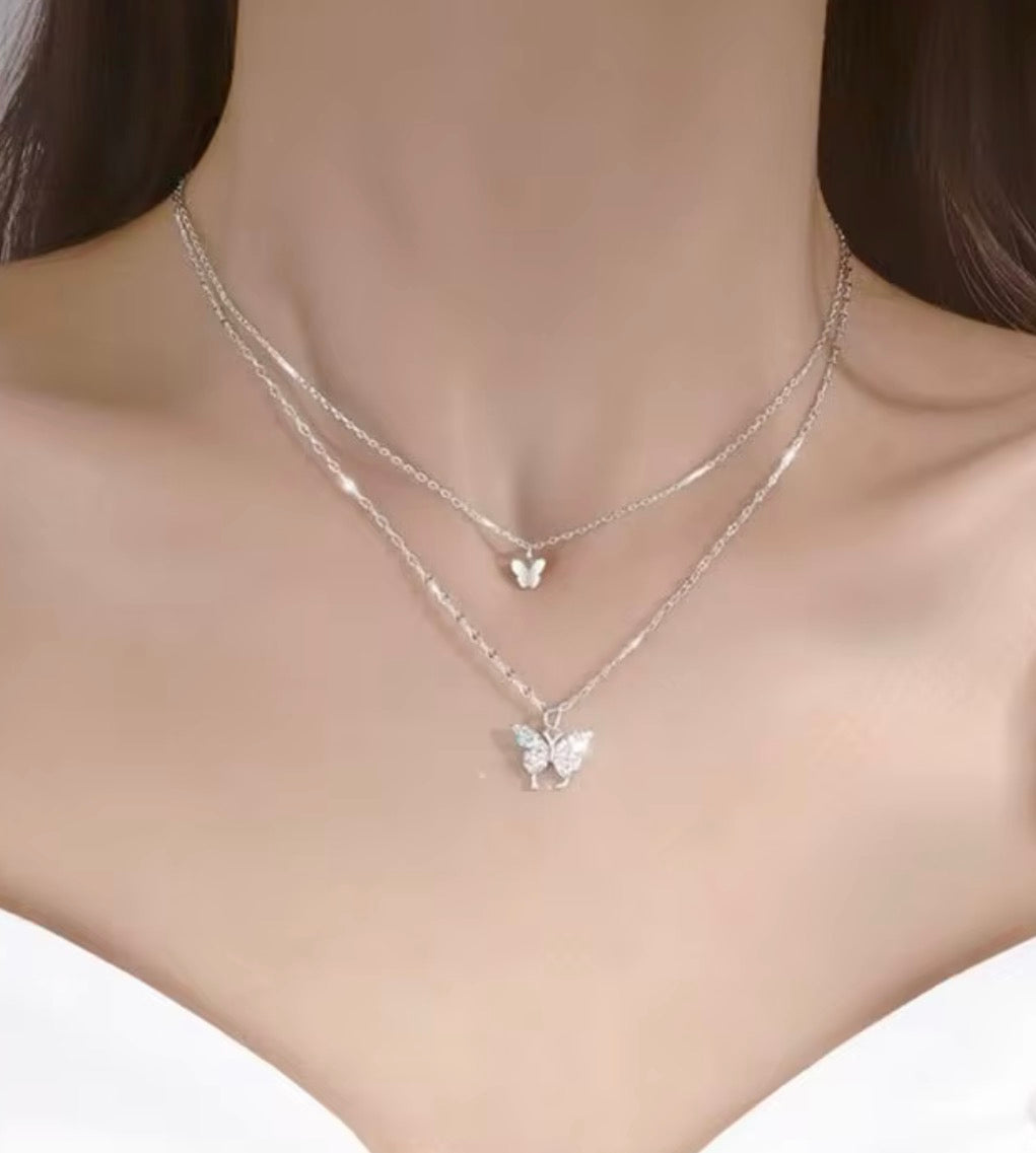 925 Sterling Silver Double Butterfly Layered Necklace