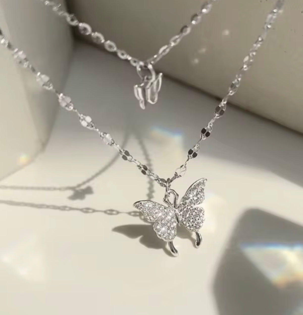 925 Sterling Silver Double Butterfly Layered Necklace