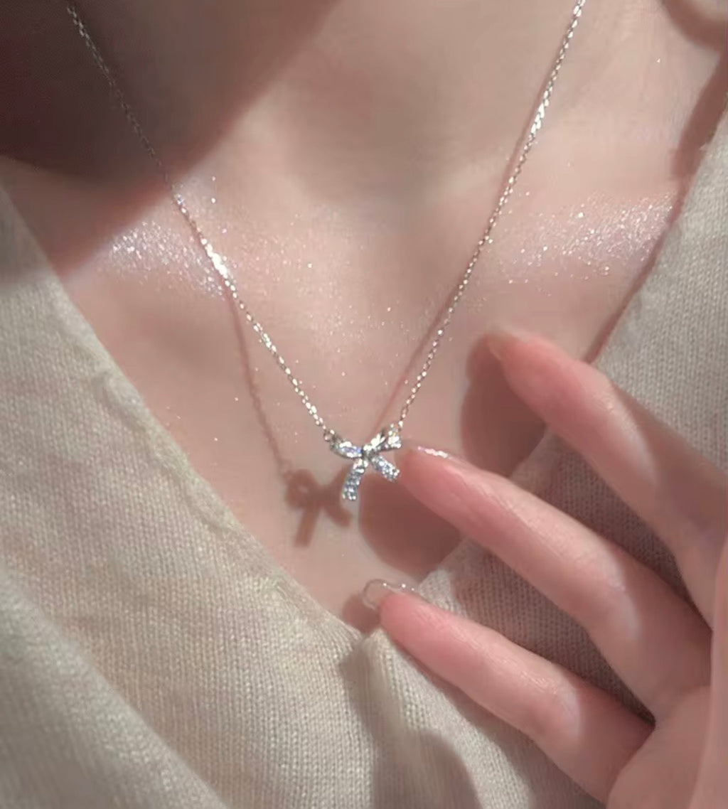 925 Sterling Silver CZ Bow Necklace