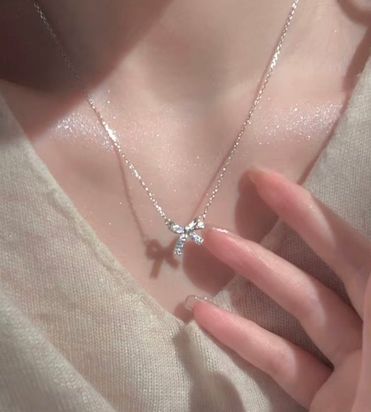 925 Sterling Silver CZ Bow Necklace
