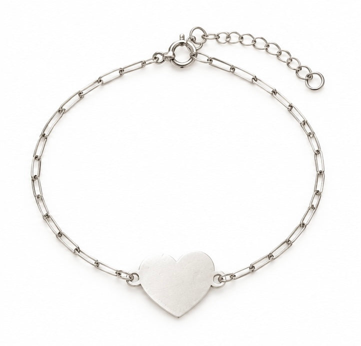 925 Sterling Silver Solid Heart Paperclip Chain Bracelet – 8" Adjustable
