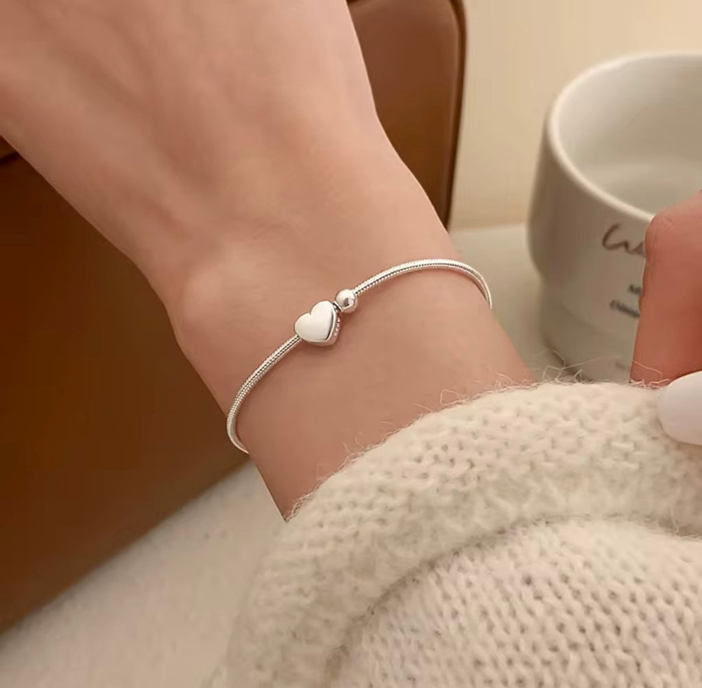 925 Sterling Silver Heart Snake Chain Bracelet
