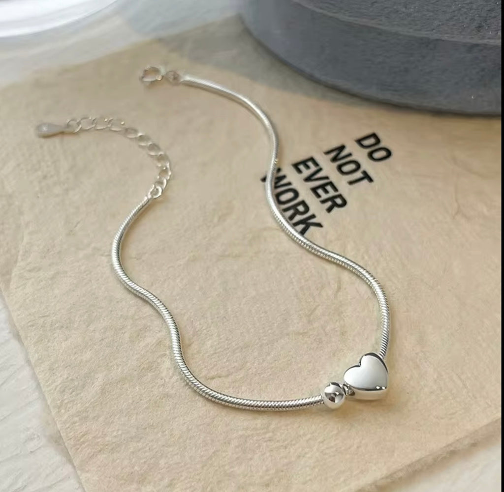 925 Sterling Silver Heart Snake Chain Bracelet