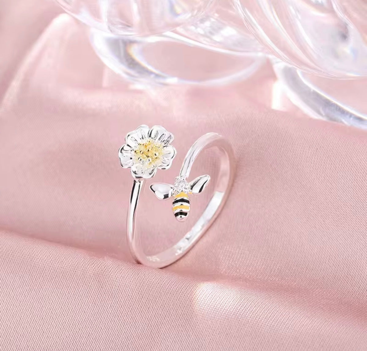 925 Sterling Silver Adjustable Bee & Flower Ring