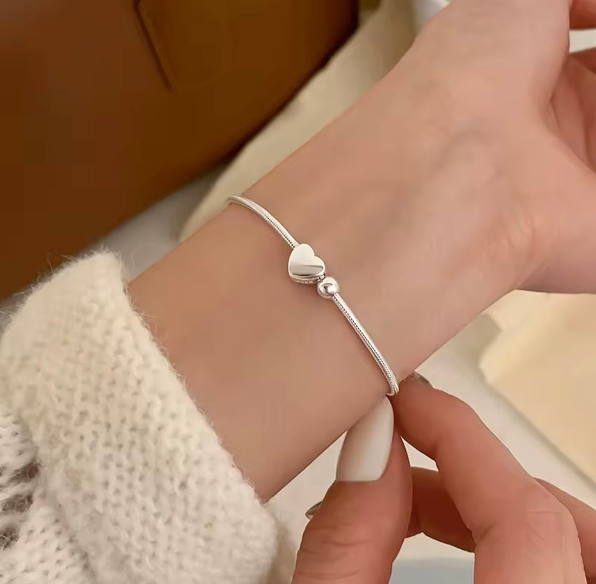 925 Sterling Silver Heart Snake Chain Bracelet