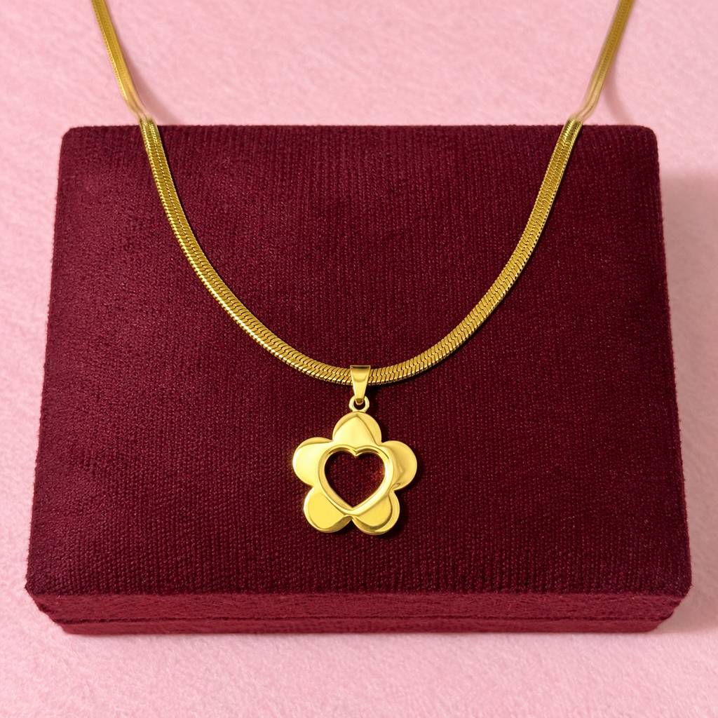 Gold Stainless Steel Five-Petal Flower & Heart Necklace – 18"