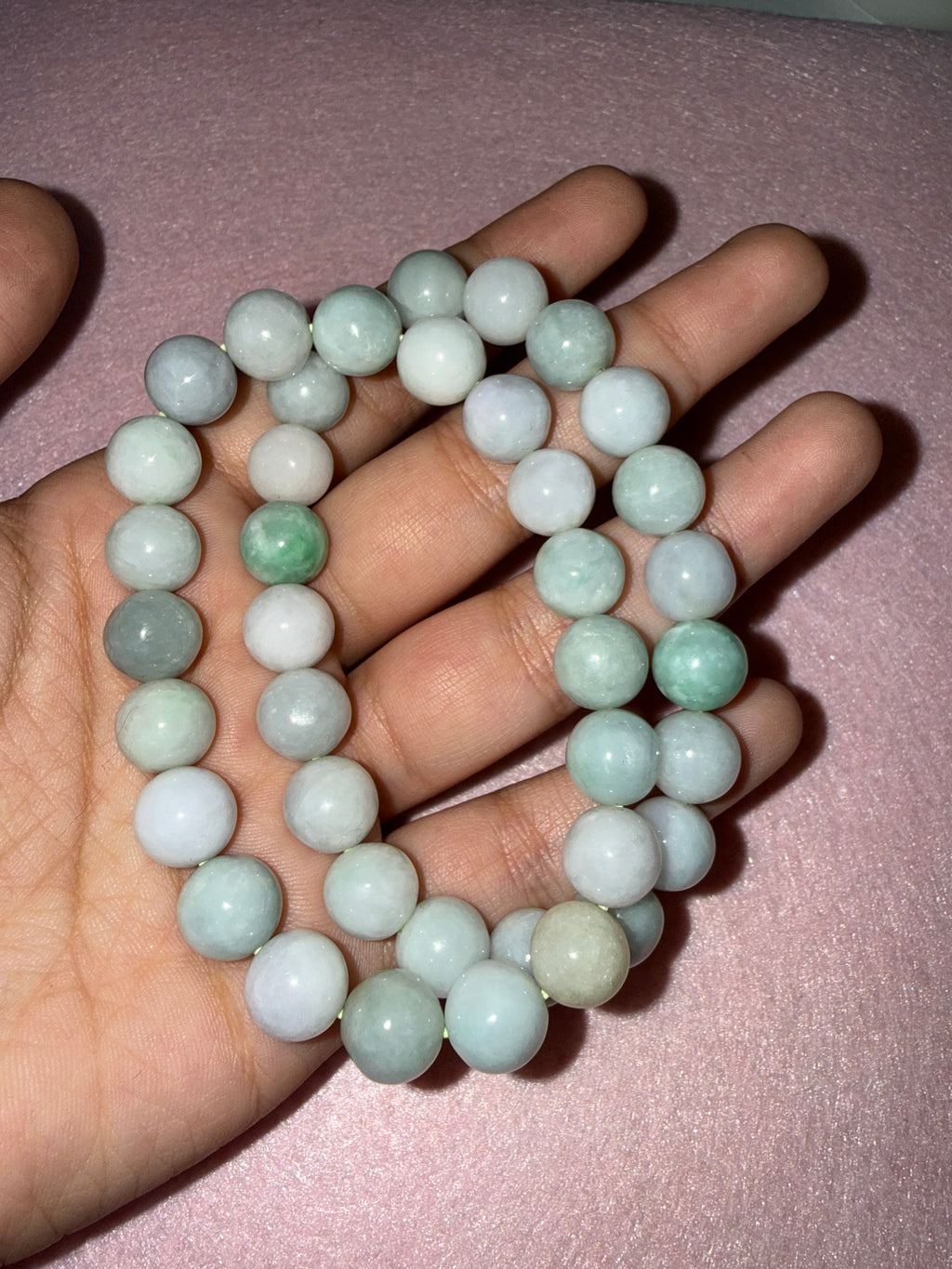 Grade A Natural Jade Beaded Bracelet – Green & White - Large Size