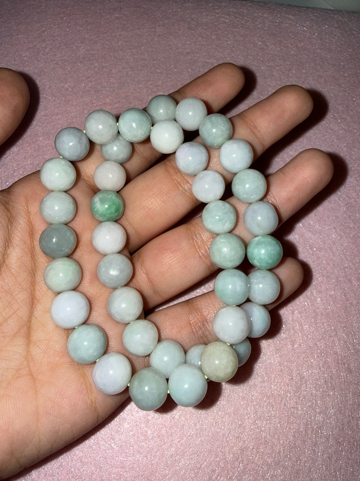 Grade A Natural Jade Beaded Bracelet – Green & White - Large Size