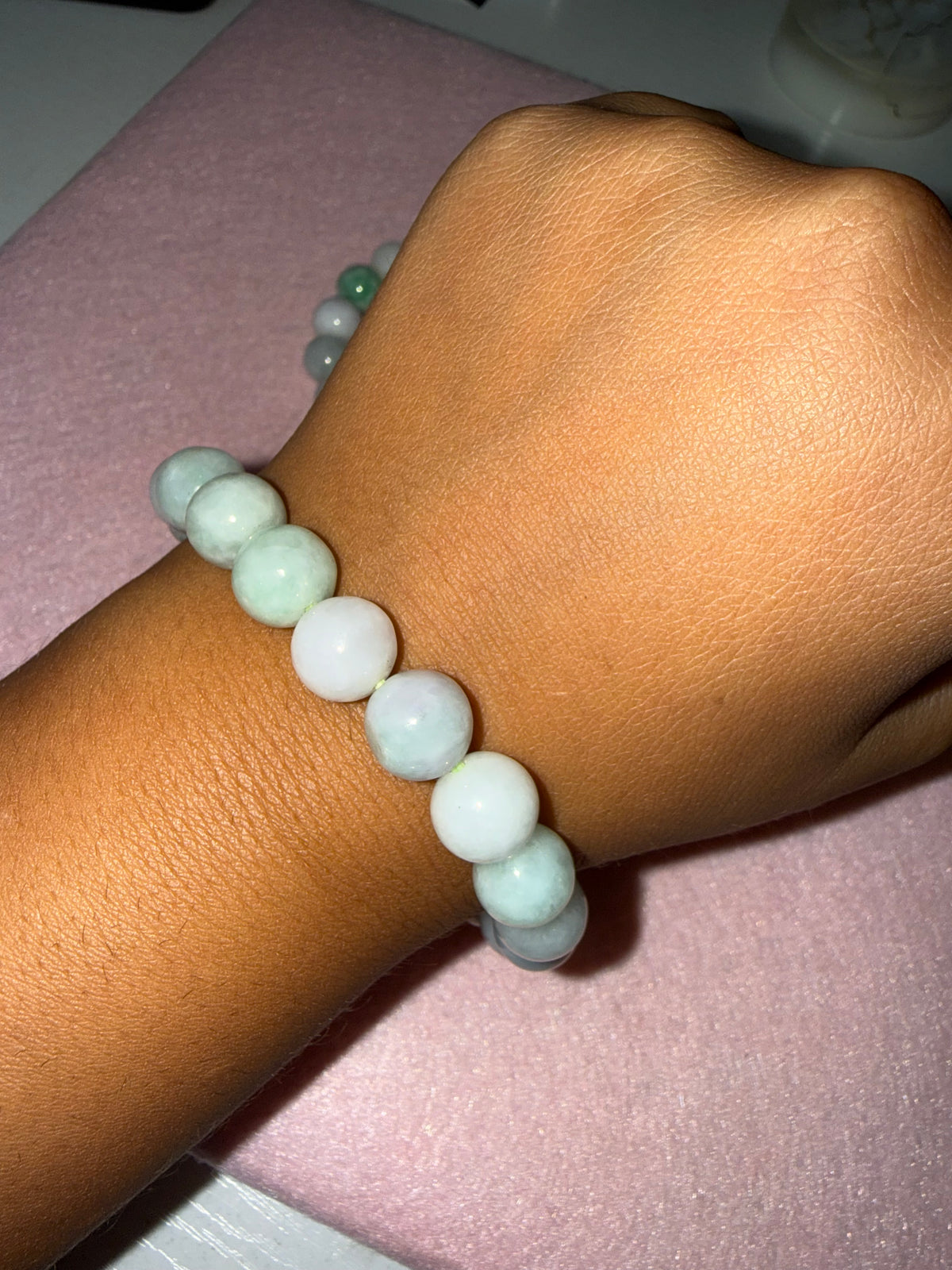 Grade A Natural Jade Beaded Bracelet – Green & White - Large Size