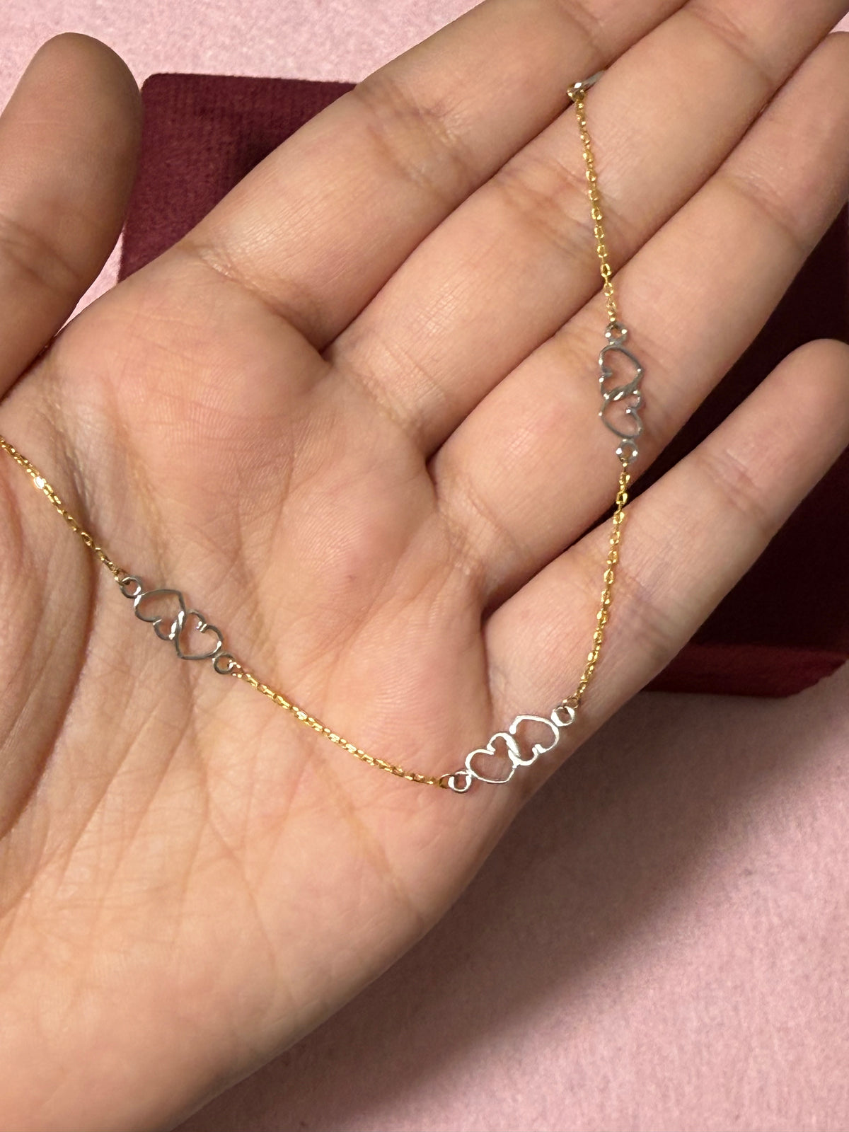 10K Two-Tone Gold Double Heart Anklet – 9” + 1” Adjustable