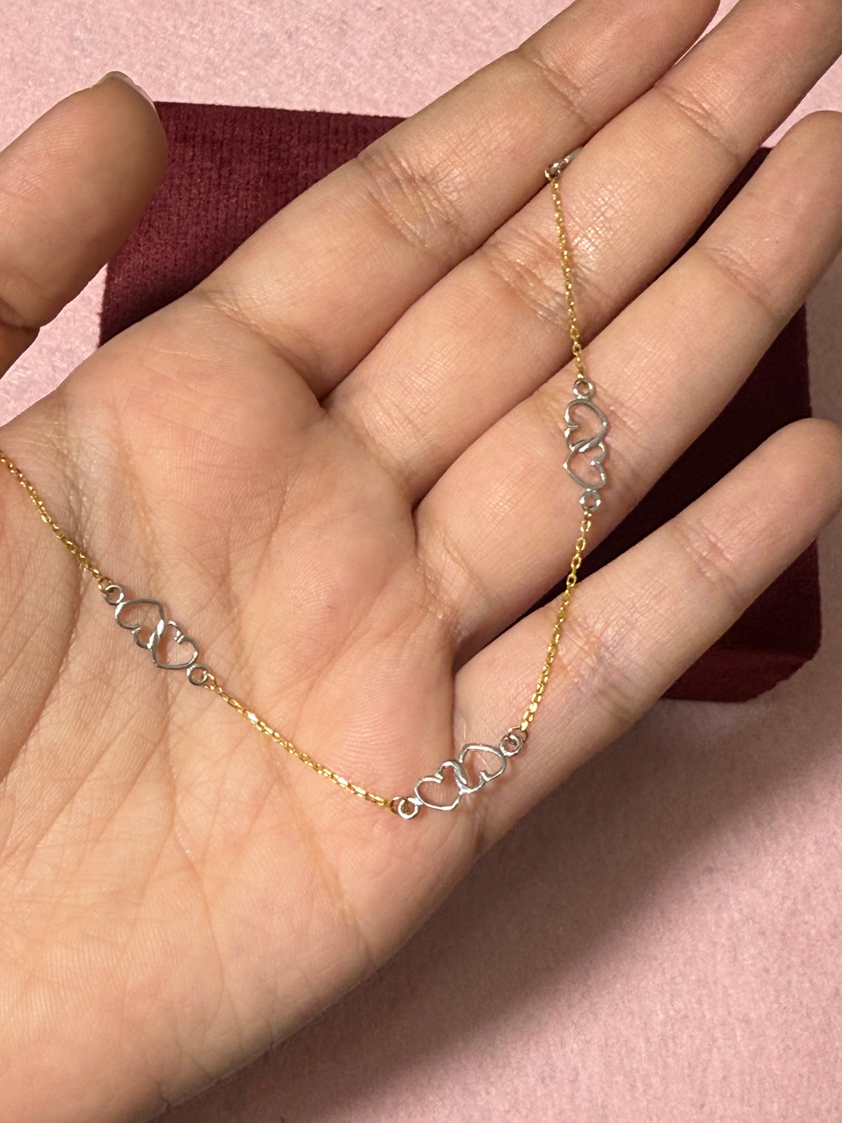 10K Two-Tone Gold Double Heart Anklet – 9” + 1” Adjustable