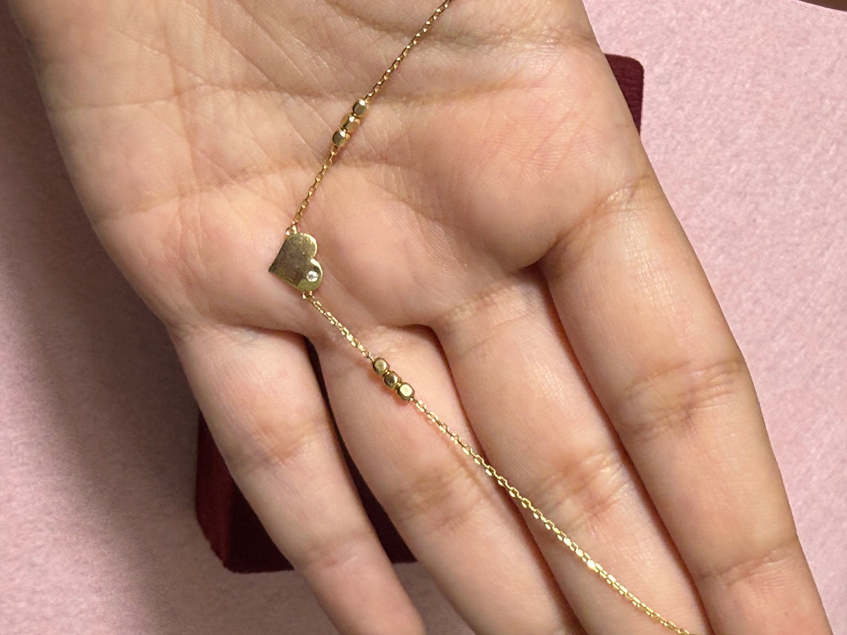 10K Yellow Gold Heart & Bead Anklet – 9” + 1” Adjustable