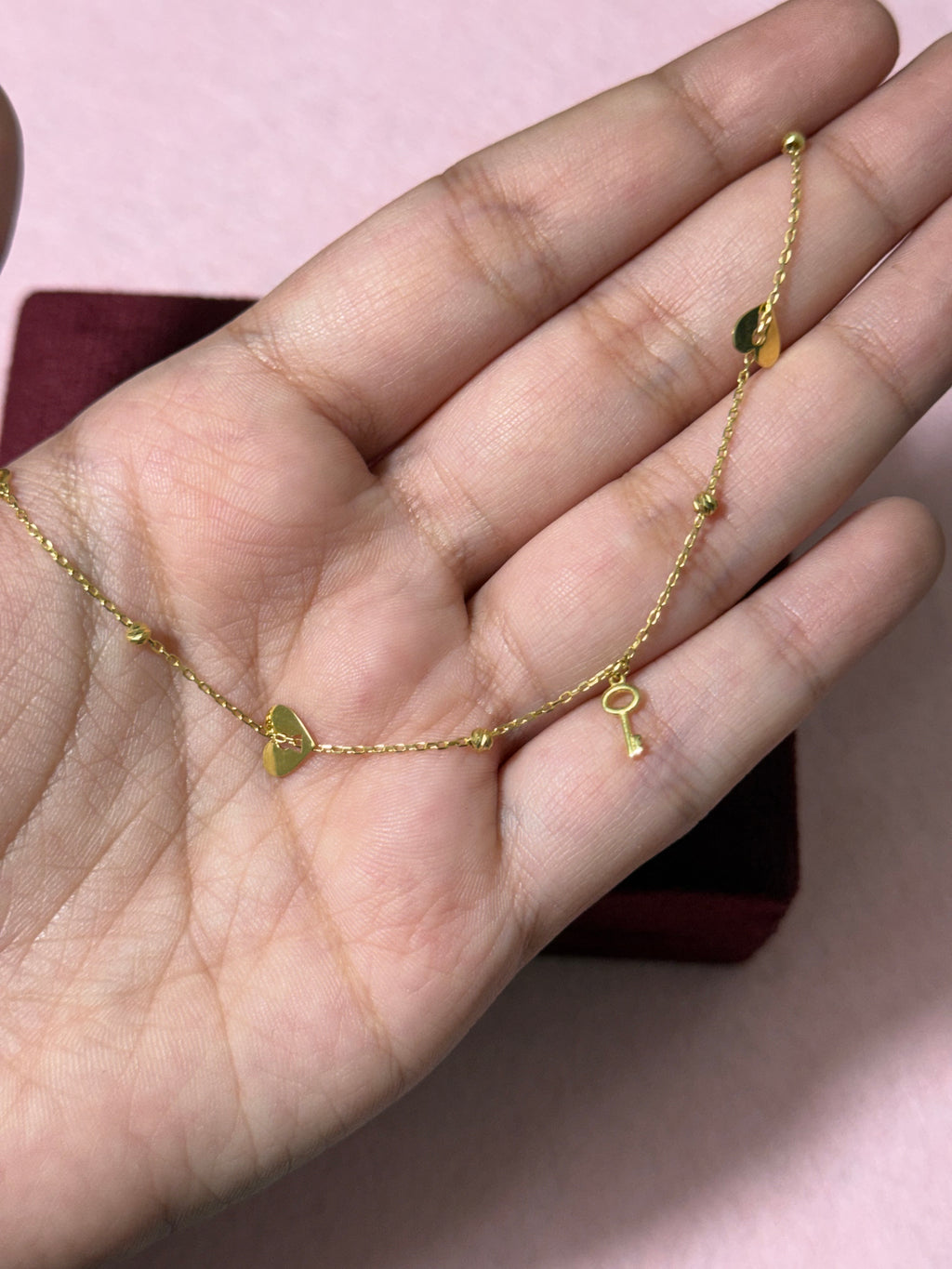 10K Yellow Gold Heart & Key Charm Anklet – 9” + 1” Adjustable