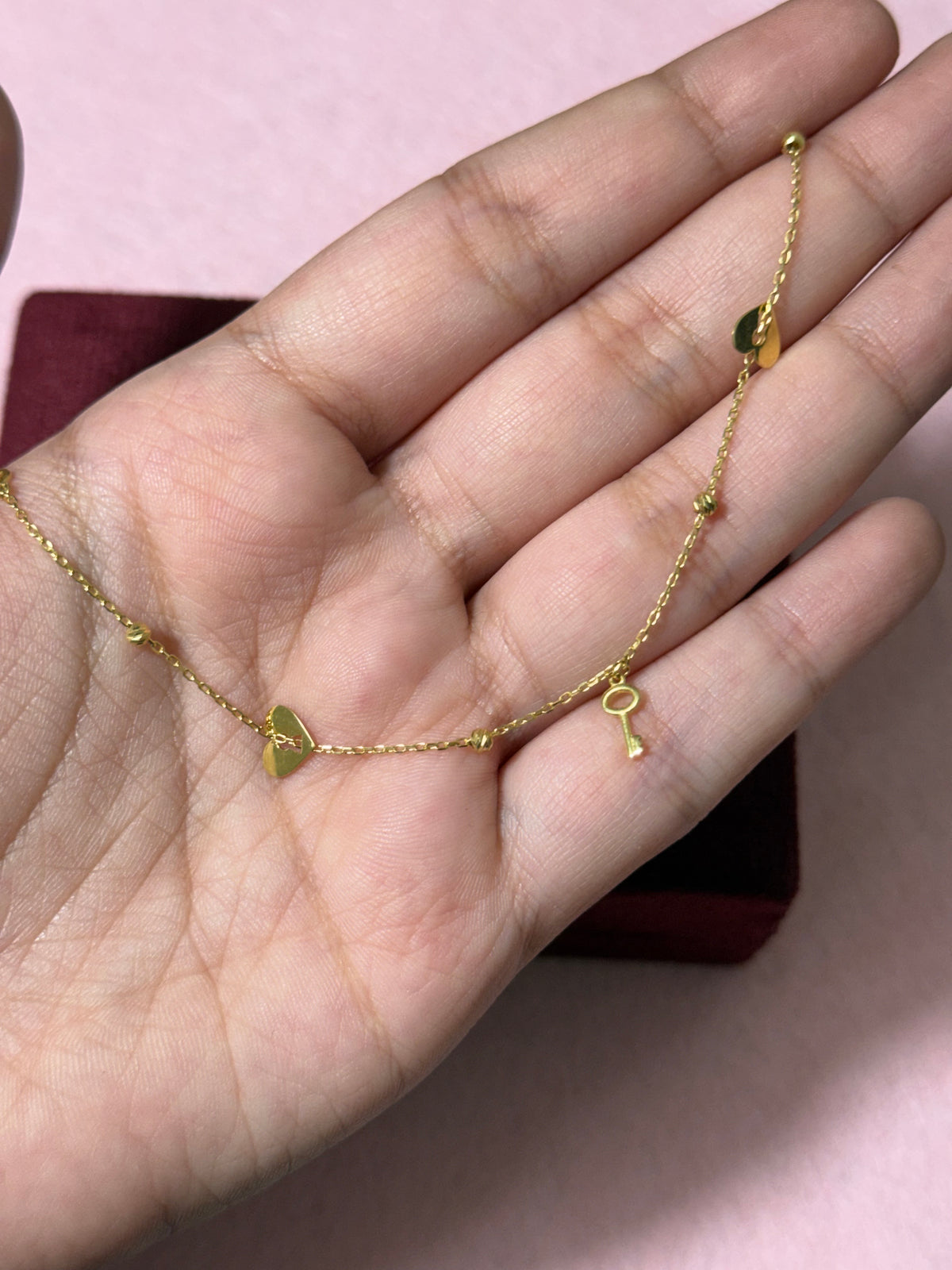 10K Yellow Gold Heart & Key Charm Anklet – 9” + 1” Adjustable