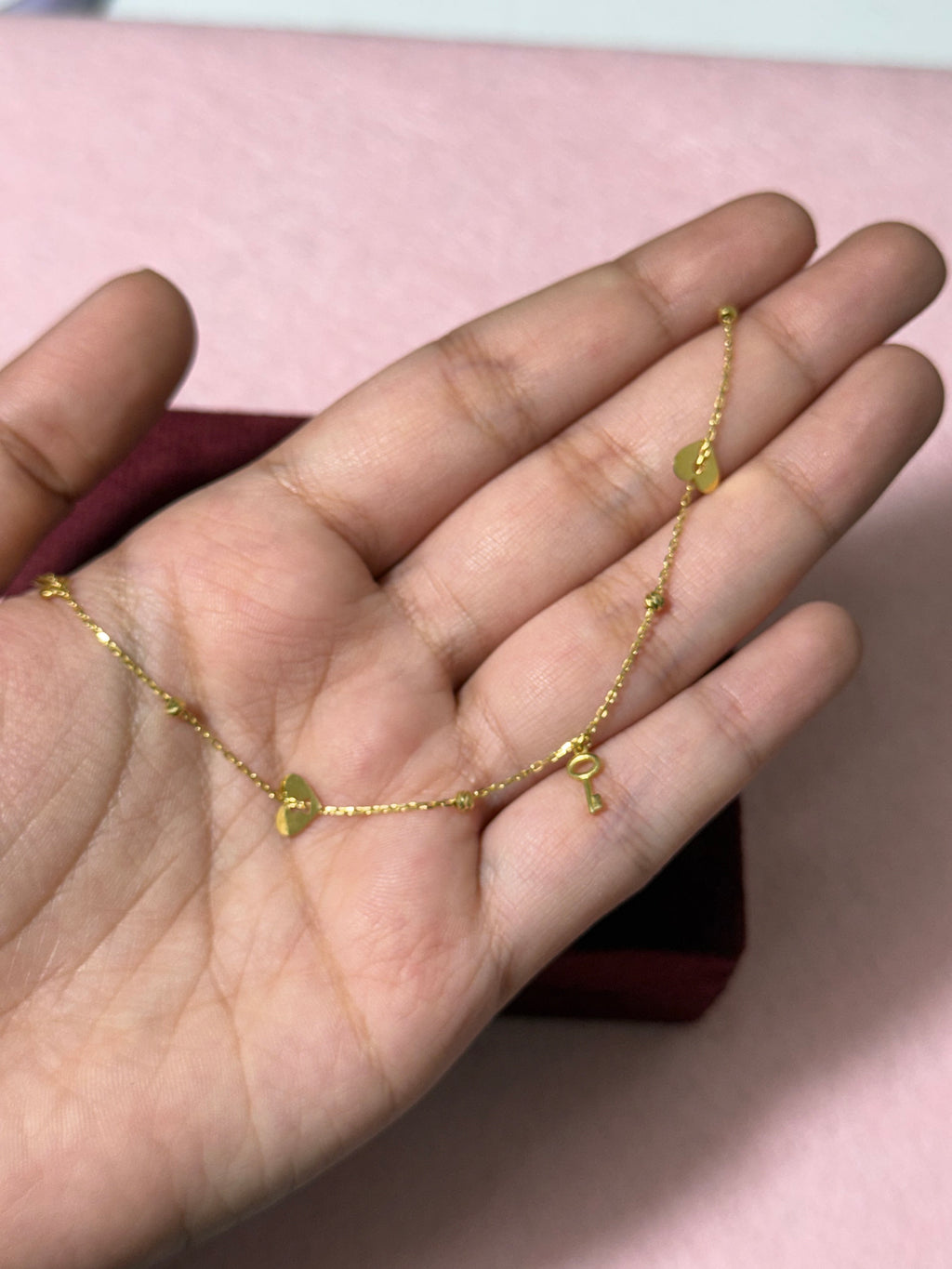 10K Yellow Gold Heart & Key Charm Anklet – 9” + 1” Adjustable