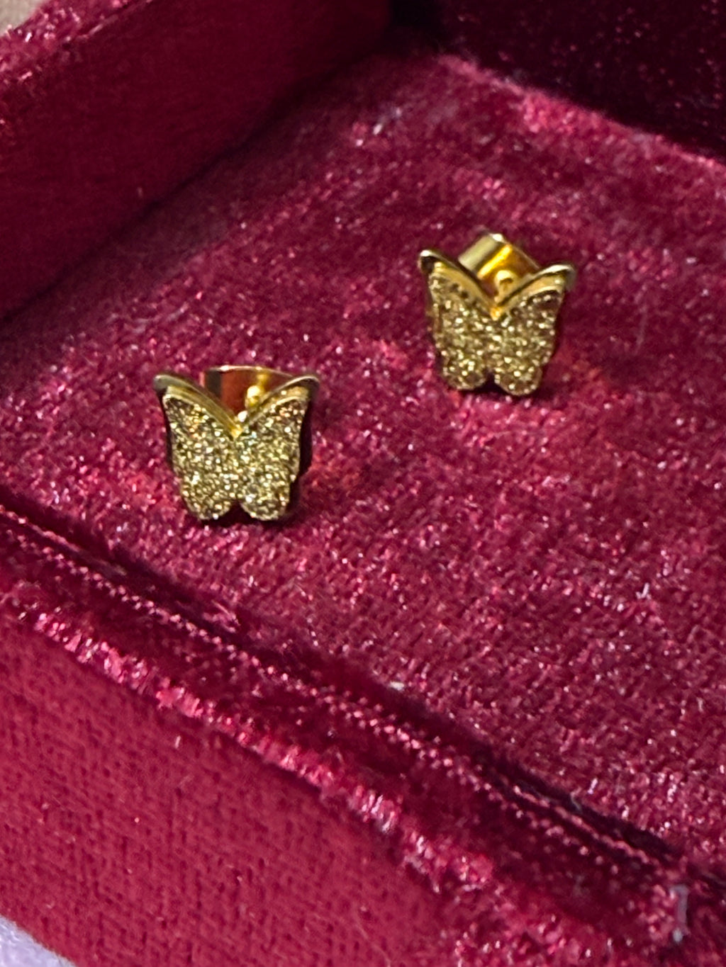 Gold Stainless Steel Sparkling Butterfly Stud Earrings