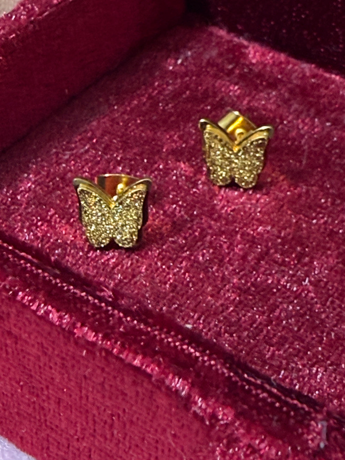 Gold Stainless Steel Sparkling Butterfly Stud Earrings