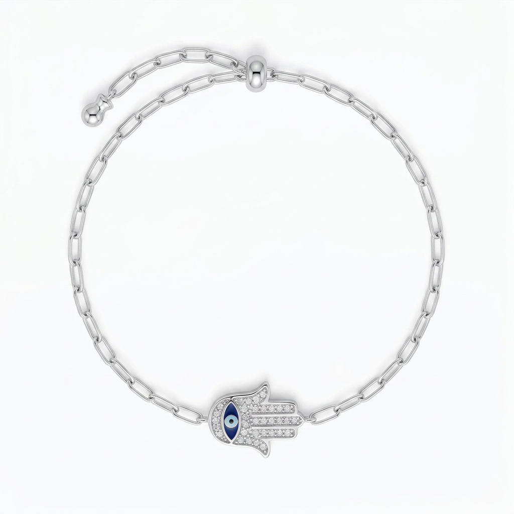 925 Sterling Silver Hamsa Hand Evil Eye Bracelet – 8" Adjustable