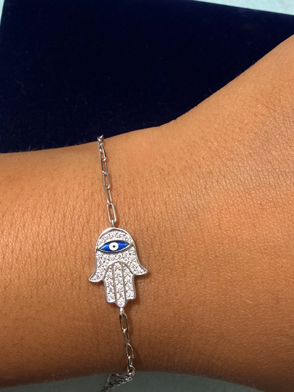 925 Sterling Silver Hamsa Hand Evil Eye Bracelet – 8" Adjustable