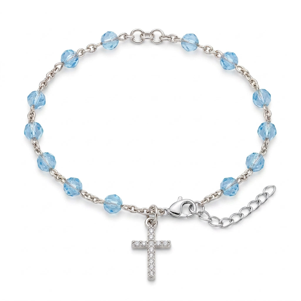 925 Sterling Silver Blue Beaded Cross Bracelet – 8" Adjustable
