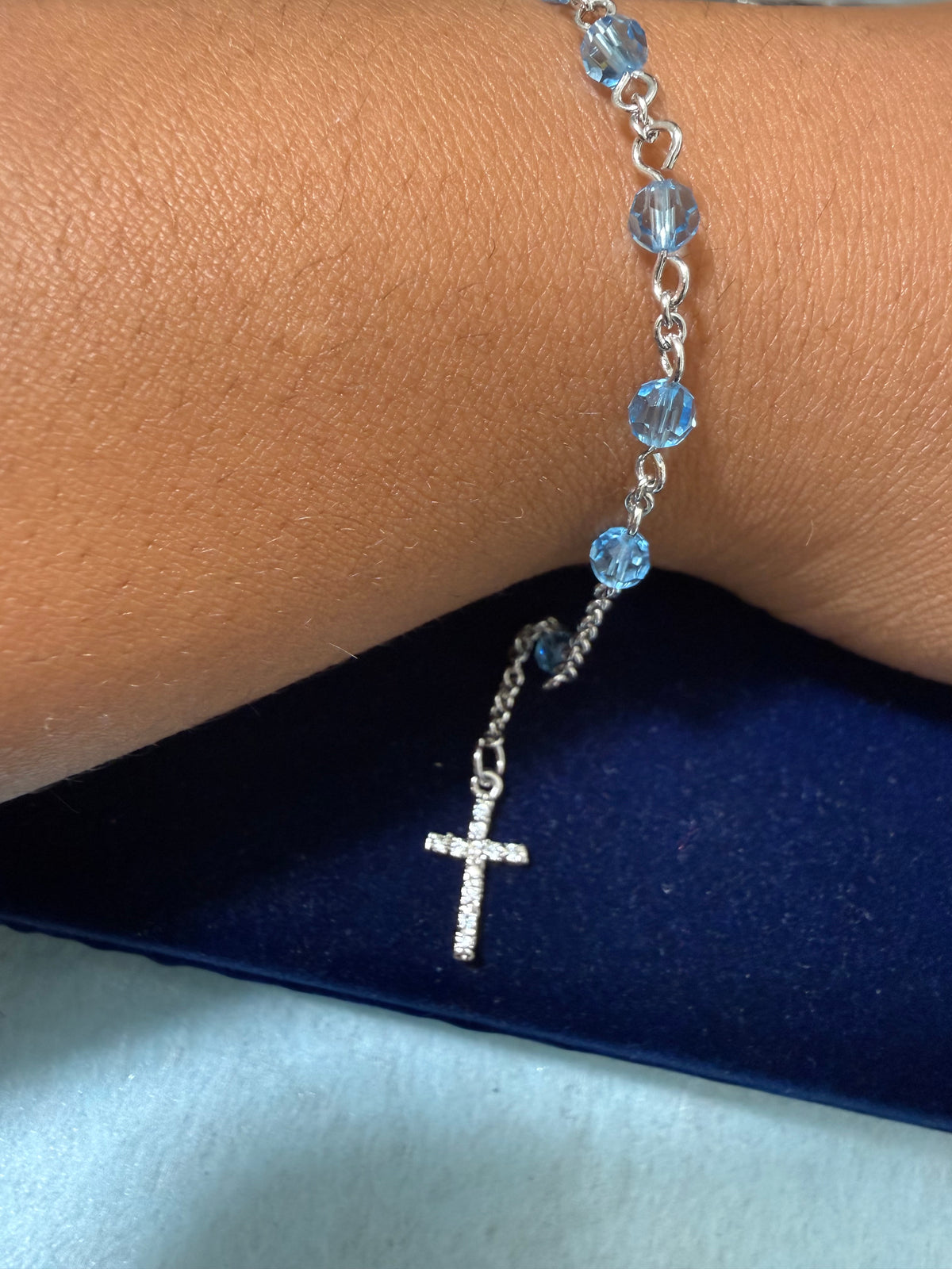 925 Sterling Silver Blue Beaded Cross Bracelet – 8" Adjustable