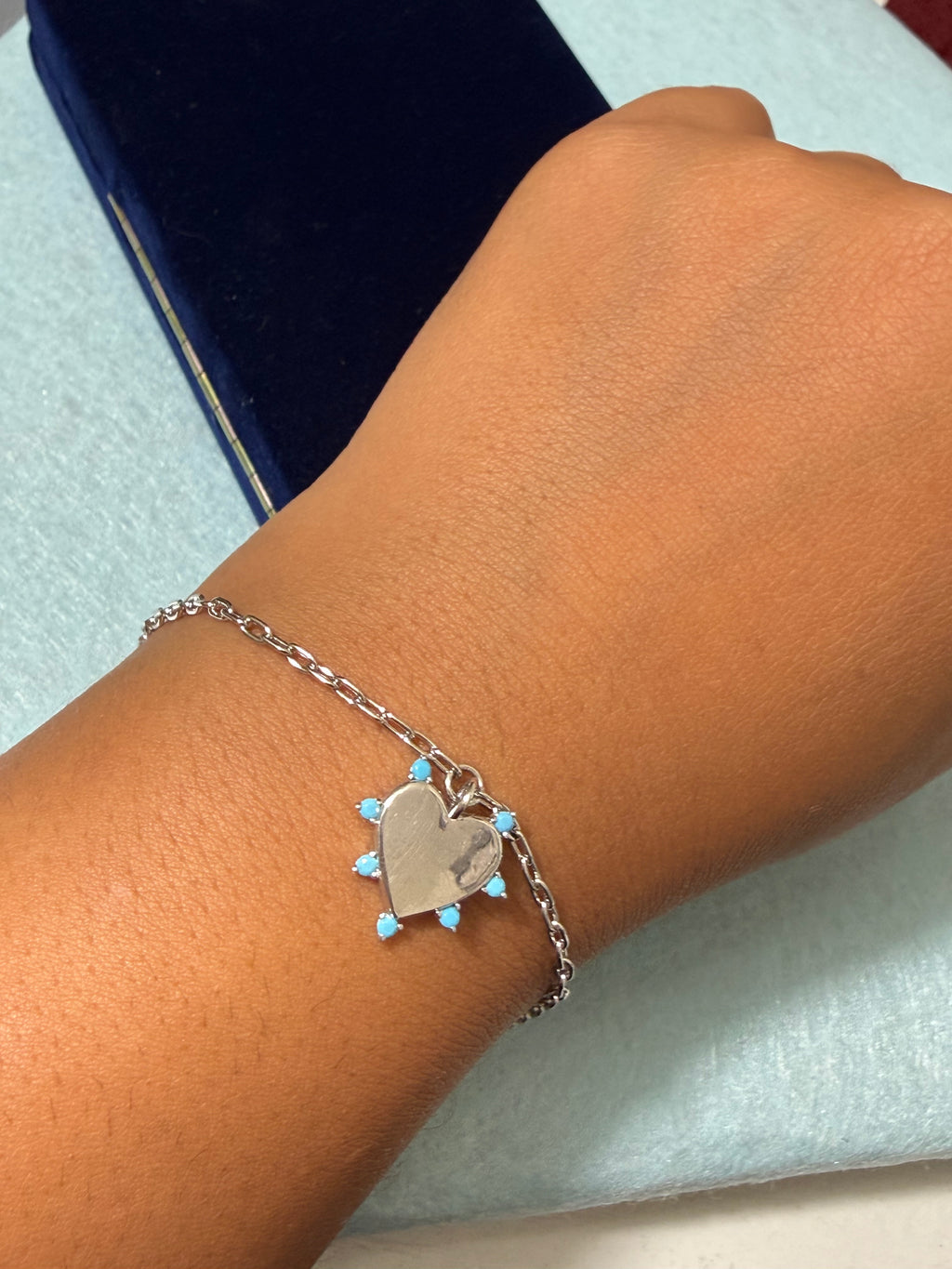 925 Sterling Silver Turquoise Blue Heart Charm Bracelet – 8" Adjustable