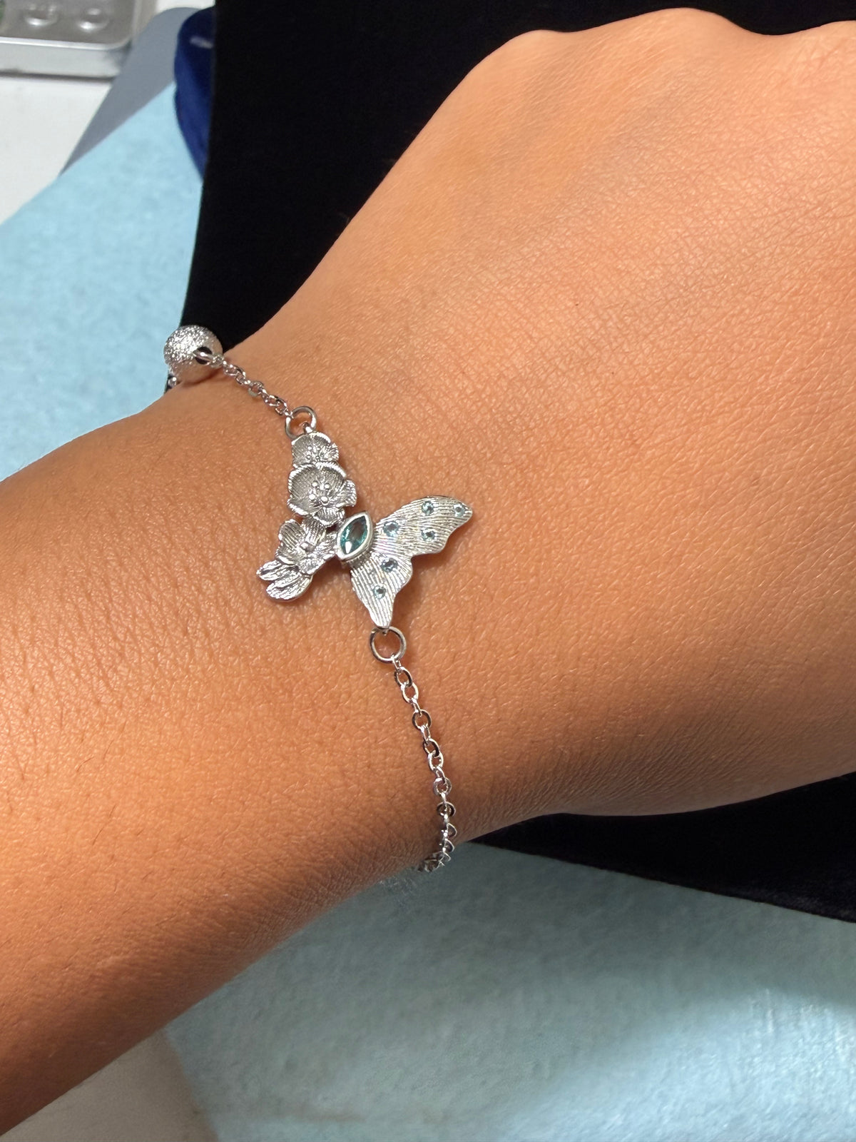 925 Sterling Silver Textured Butterfly Bracelet - 7" Adjustable