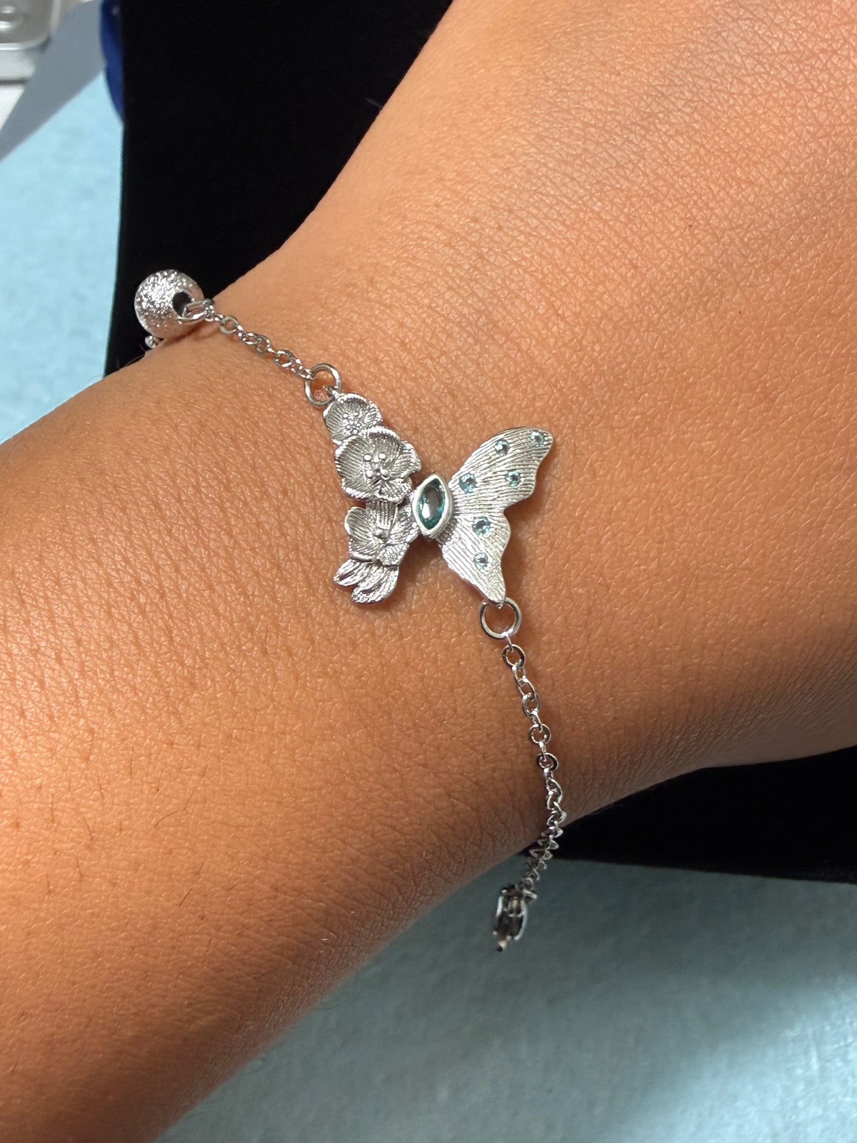 925 Sterling Silver Textured Butterfly Bracelet - 7" Adjustable