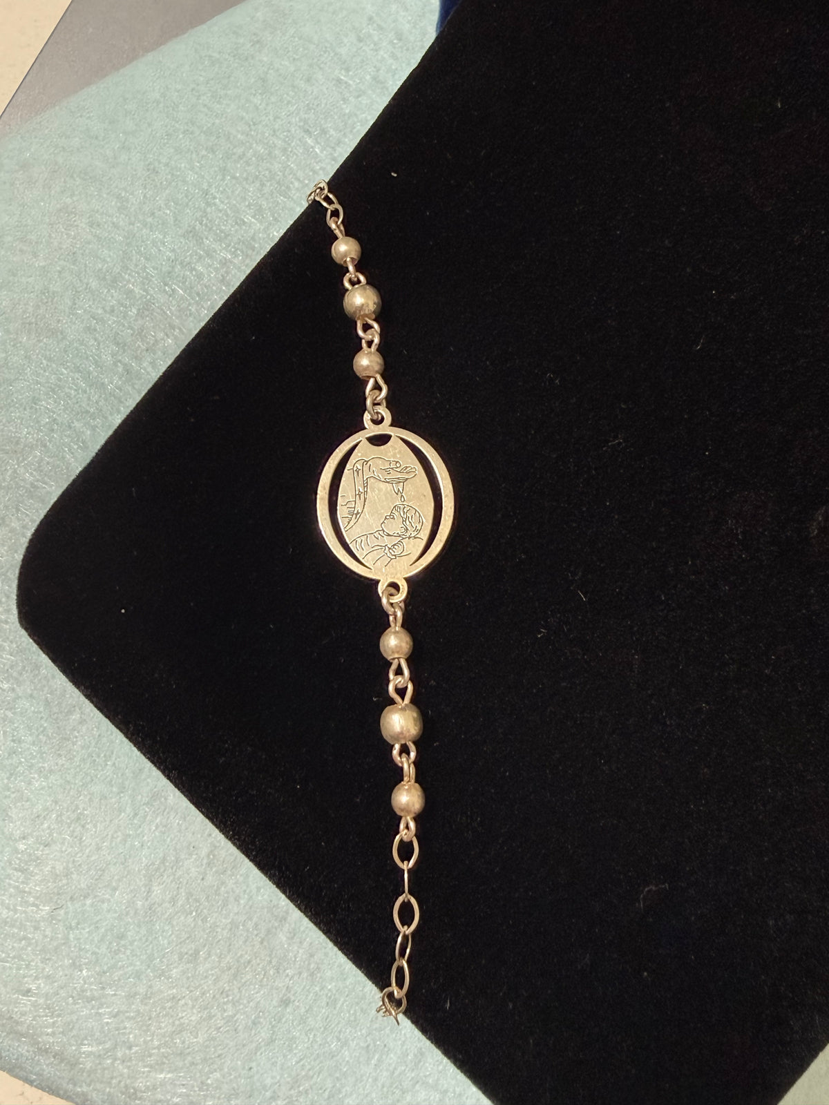 925 Sterling Silver Baptism Medal Beaded Bracelet - 7" Adjustable