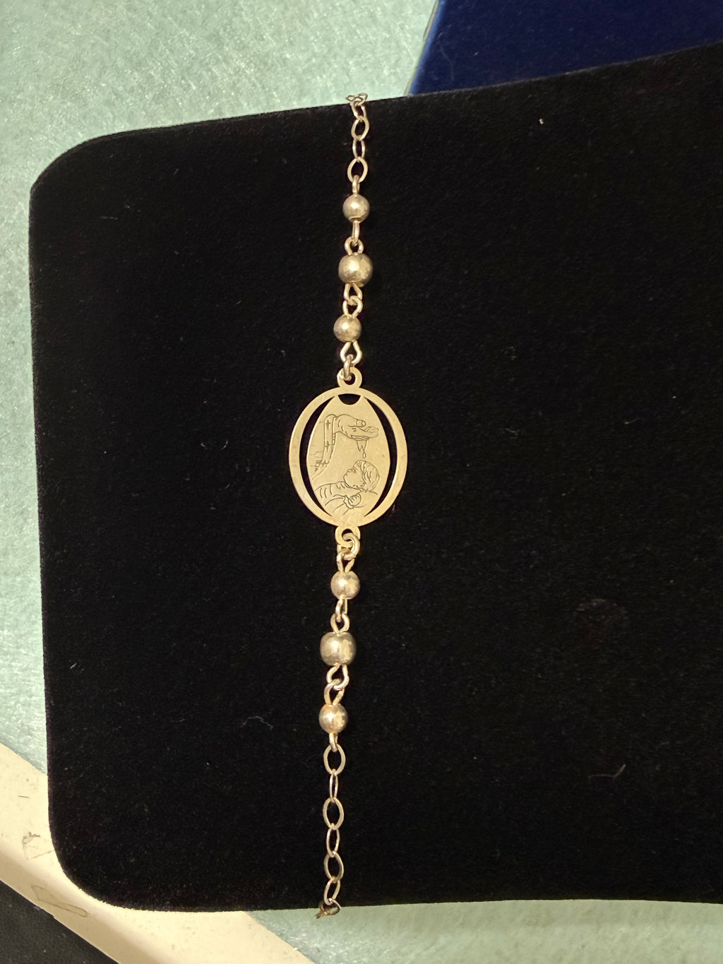 925 Sterling Silver Baptism Medal Beaded Bracelet - 7" Adjustable