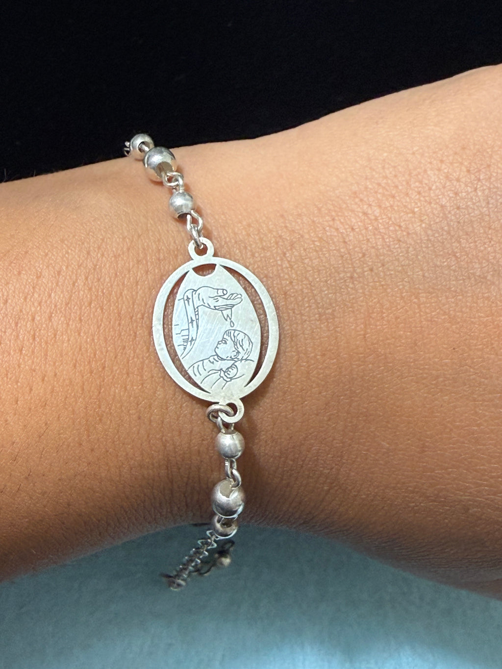 925 Sterling Silver Baptism Medal Beaded Bracelet - 7" Adjustable