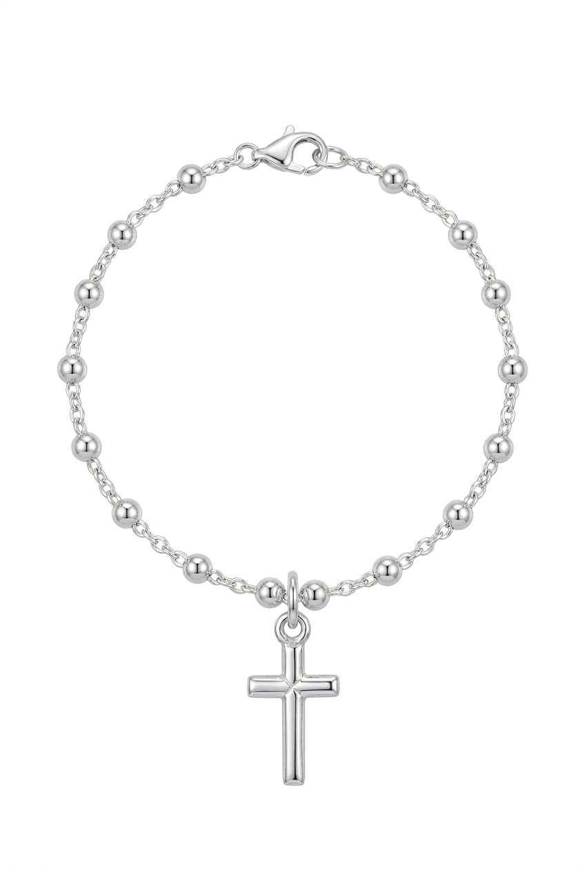 925 Sterling Silver Beaded Rosary Cross Bracelet - 7"