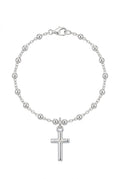 925 Sterling Silver Beaded Rosary Cross Bracelet - 7"