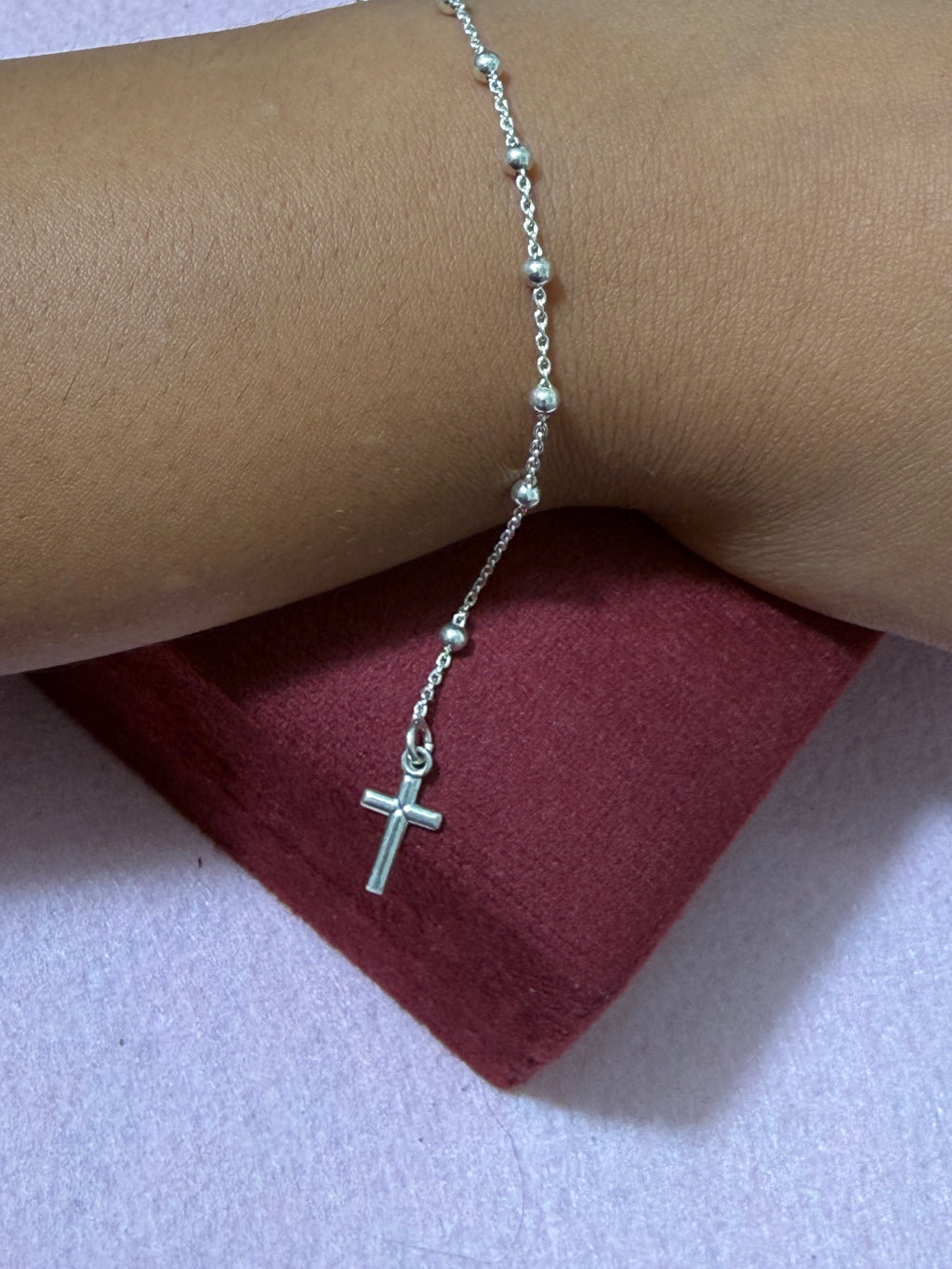 925 Sterling Silver Beaded Rosary Cross Bracelet - 7"
