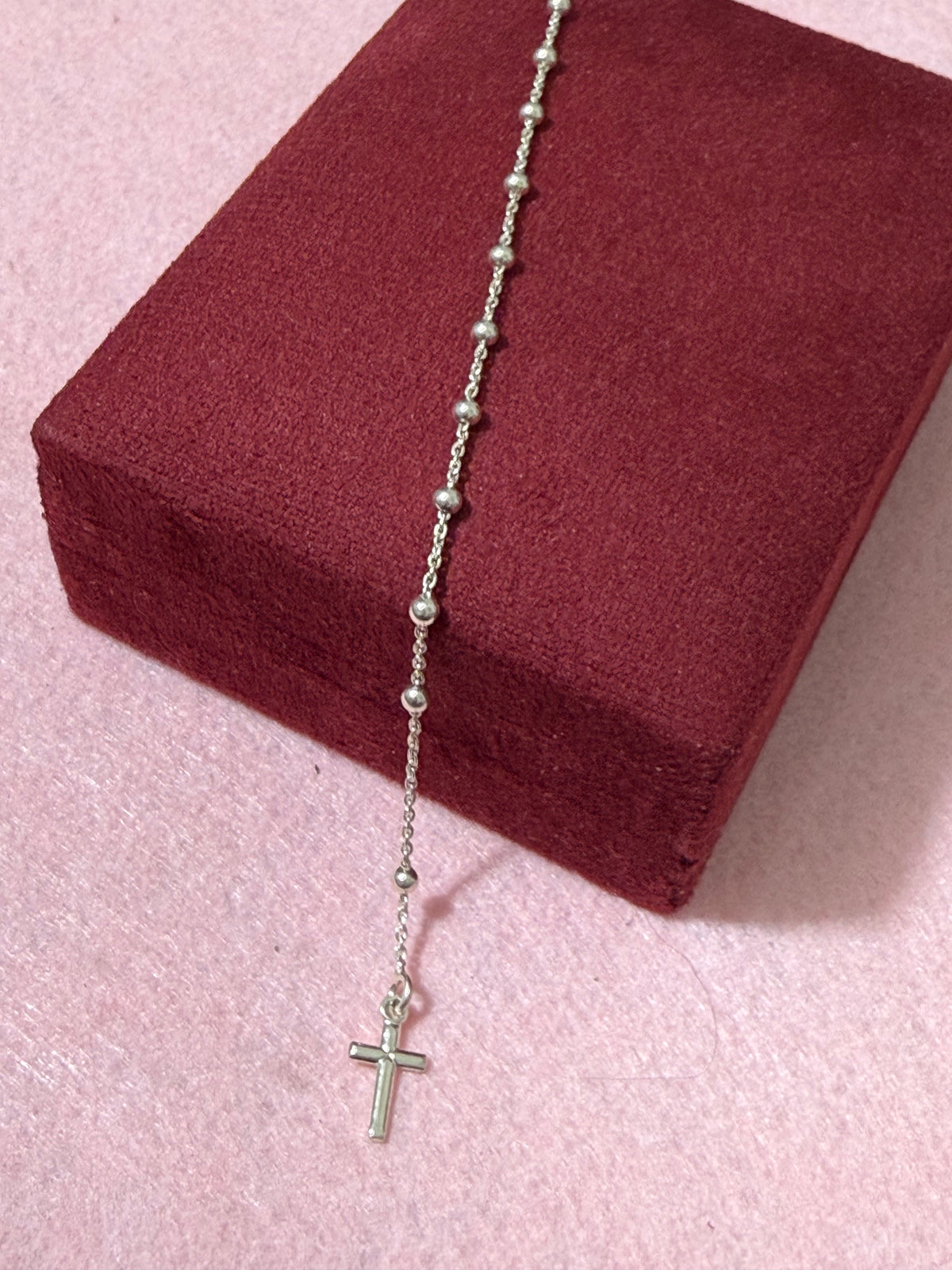 925 Sterling Silver Beaded Rosary Cross Bracelet - 7"
