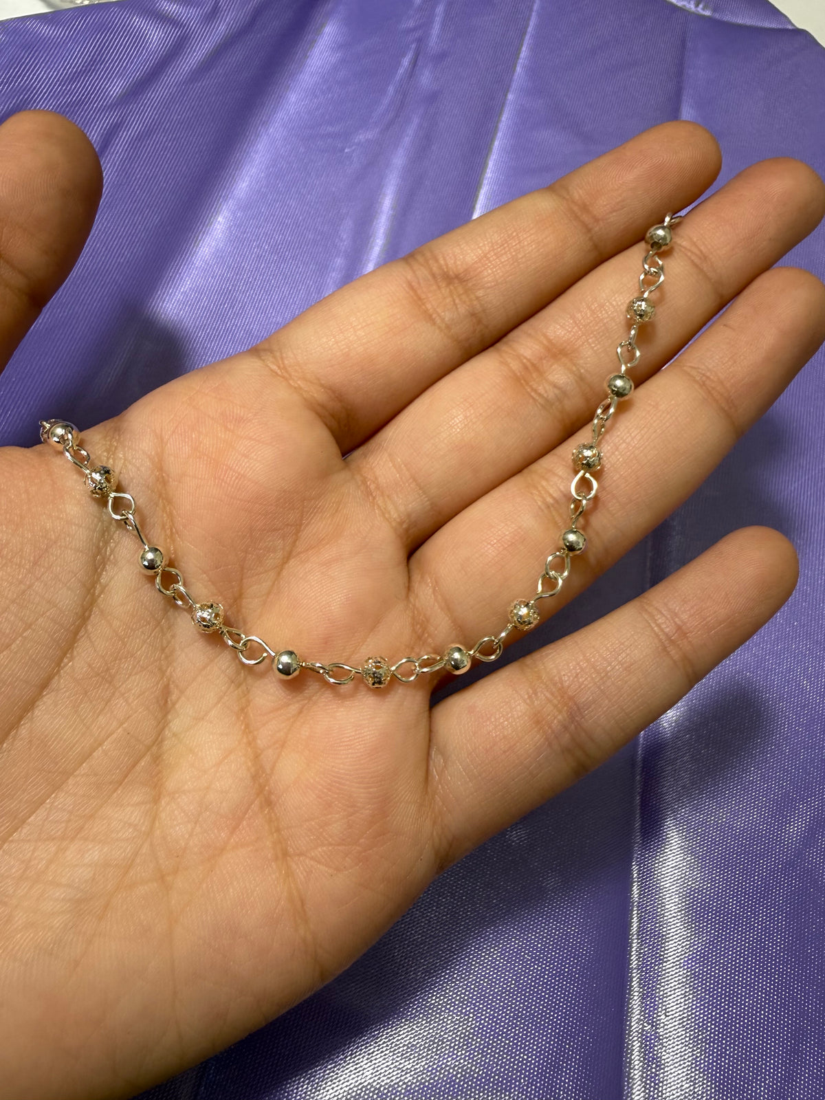 925 Sterling Silver Alternating Beaded Chain Anklet