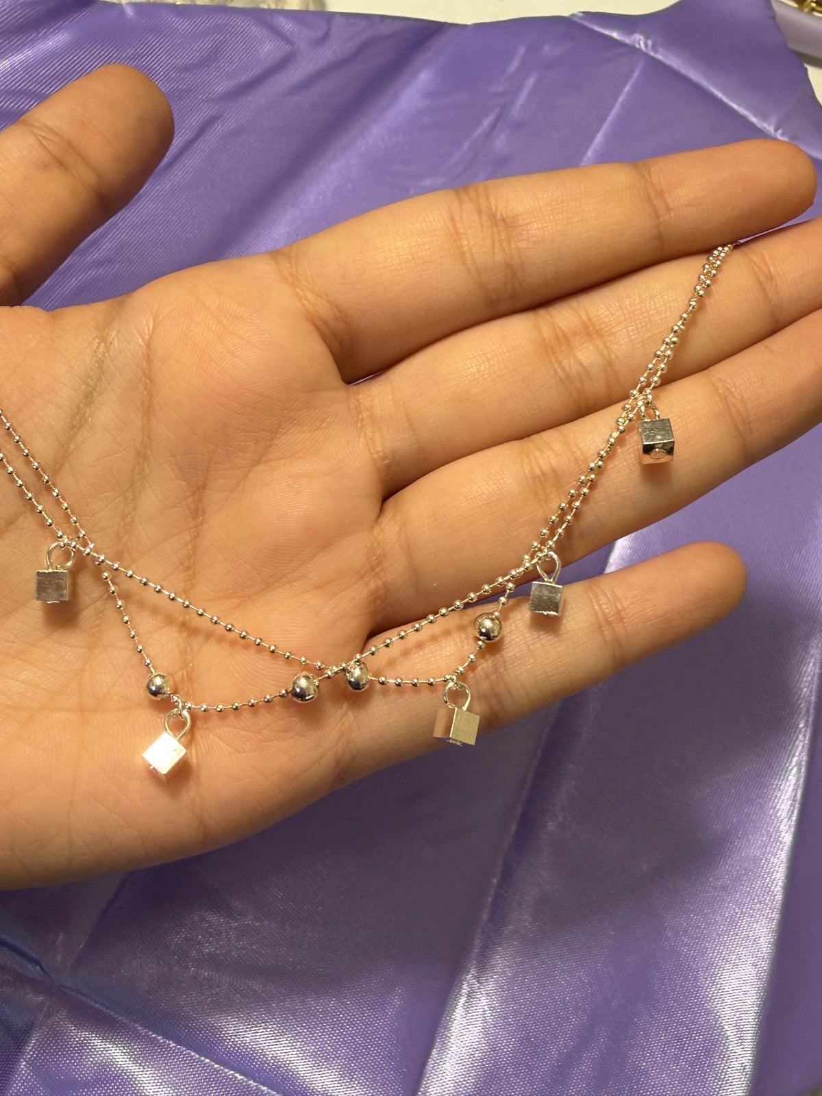 925 Sterling Silver Padlock Charm Beaded Anklet