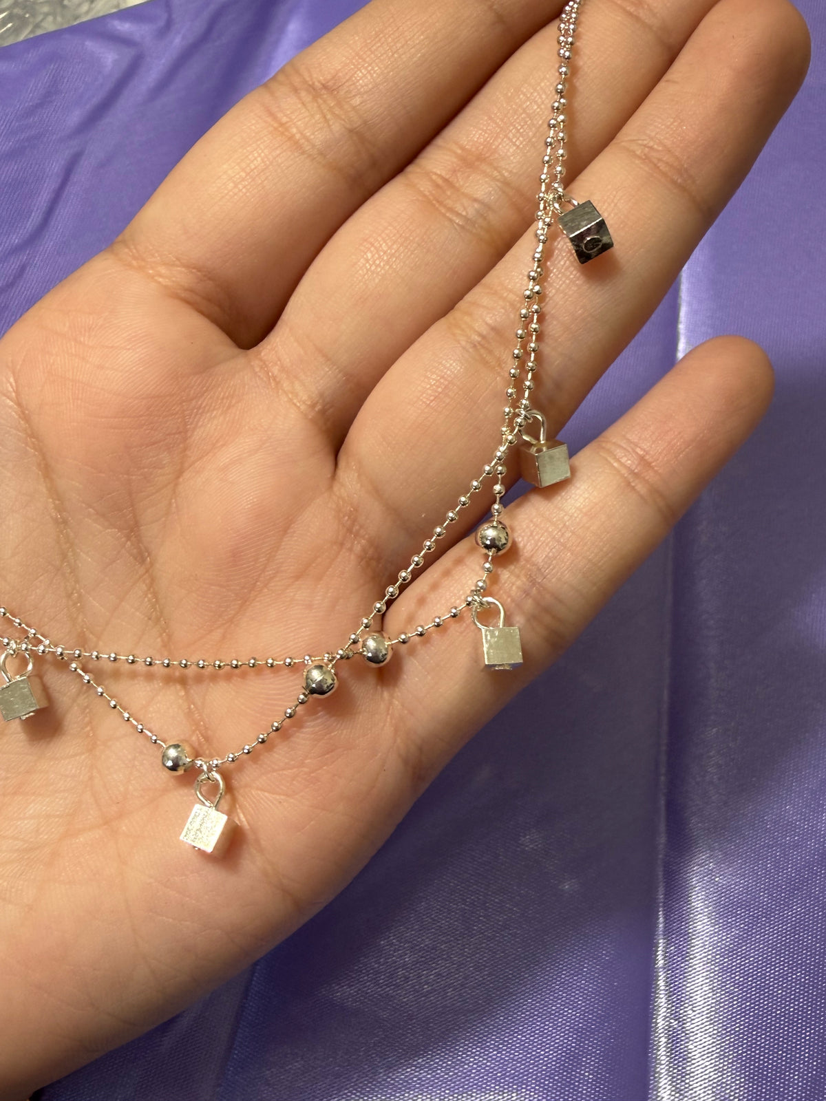 925 Sterling Silver Padlock Charm Beaded Anklet